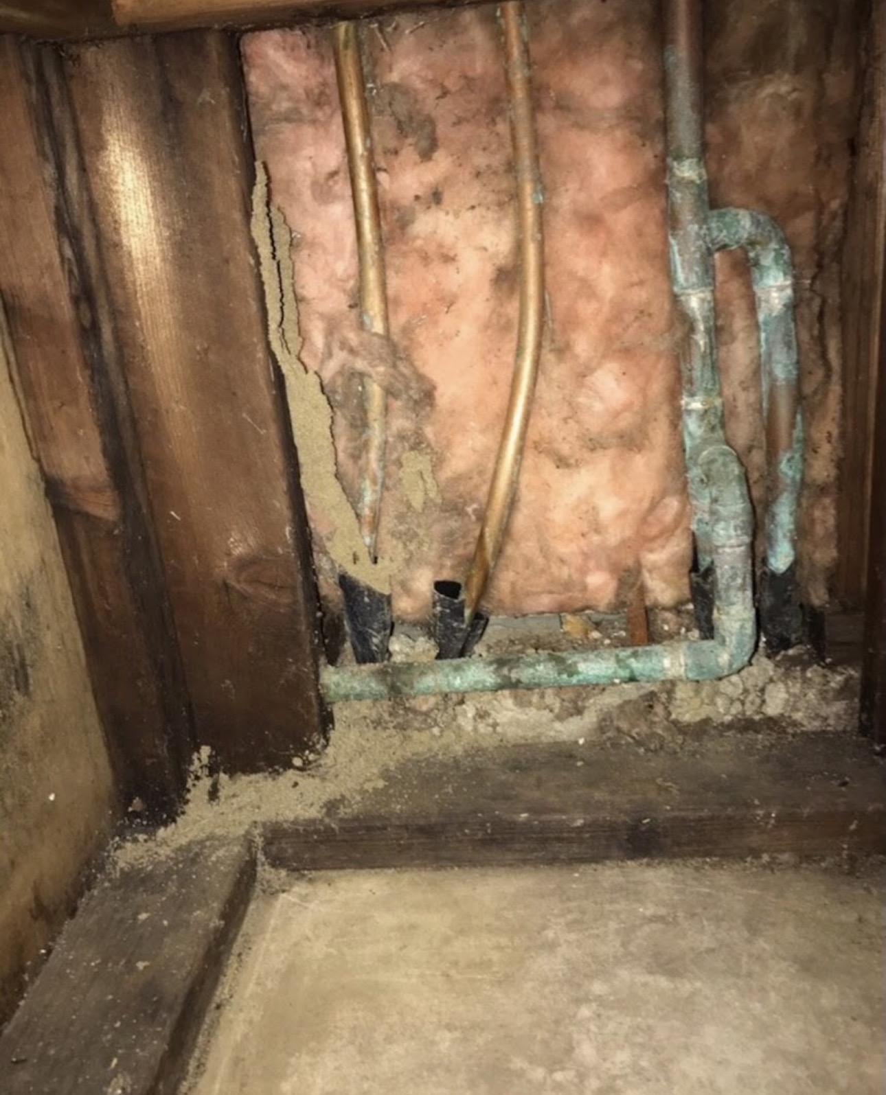 Crawlspace inspection revealing termite tubes near plumbing